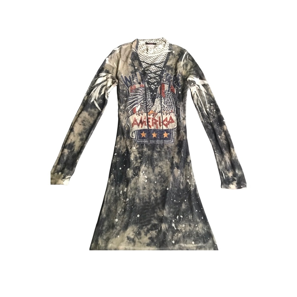 Y2K T-shirt Mesh Dress Side Split Rocker Western Style See Through Small Vintage